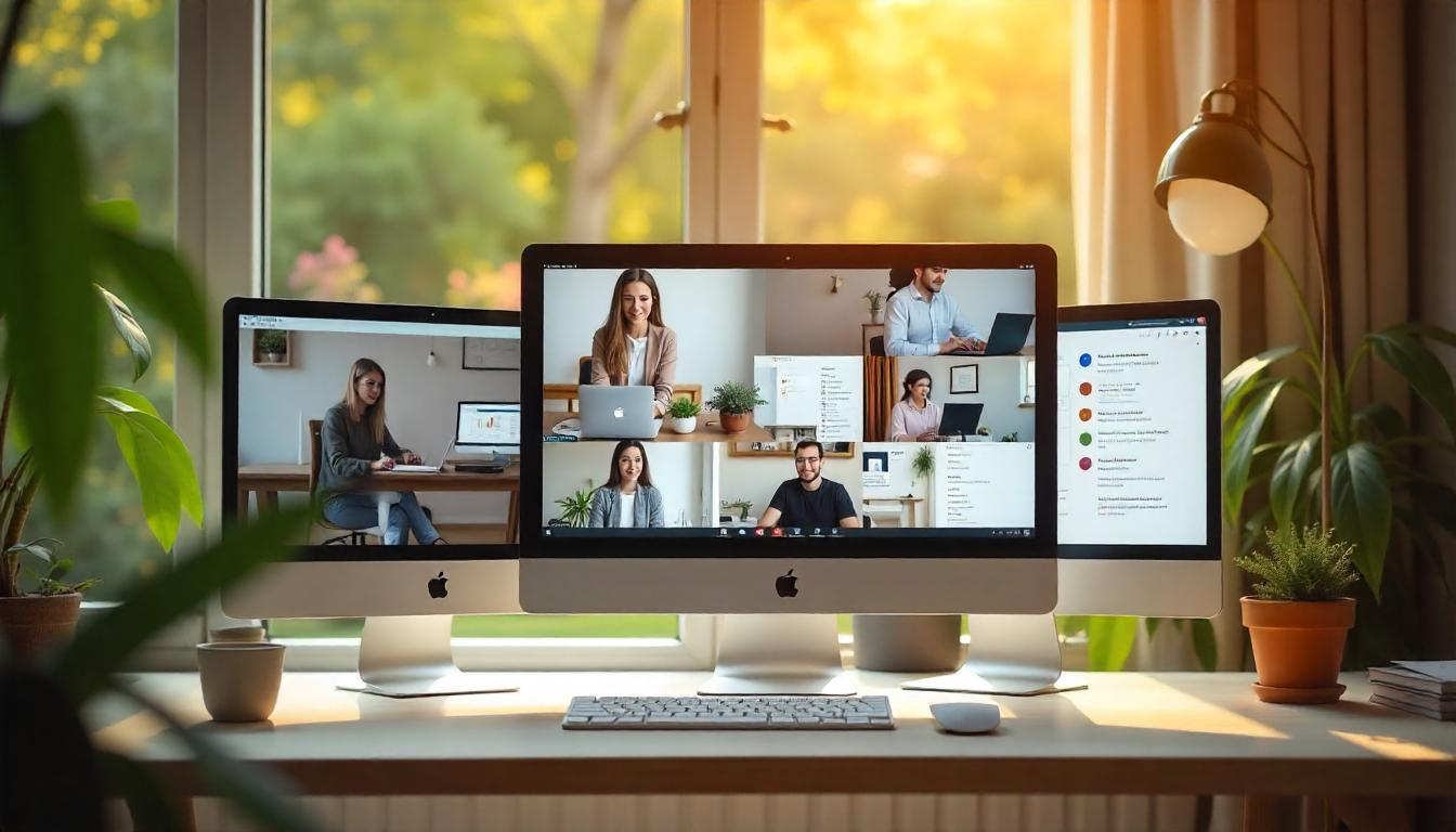 A collage showcasing various remote work tools on computer screens.