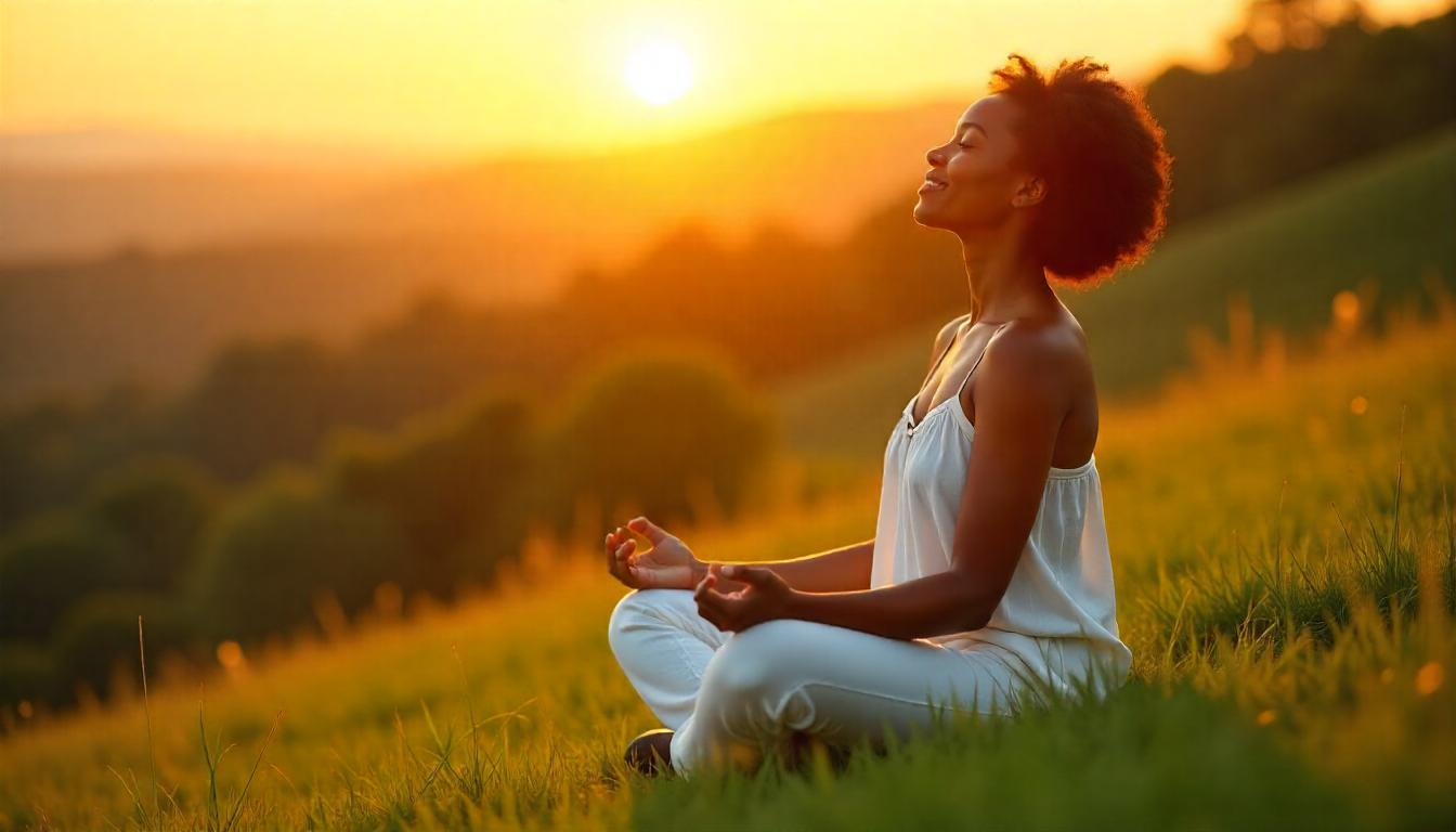 A serene African American woman sitting cross-legged on a lush green hill during a vibrant sunrise, eyes closed, with a gentle smile, wearing a flowing white linen dress, embodying peace and mindfulness, golden hour lighting.