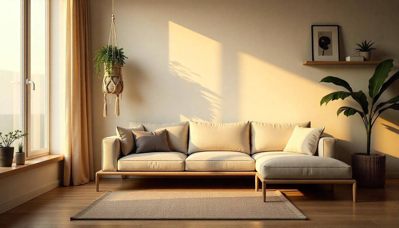 A serene, clutter-free living room with minimal furniture, soft natural light, and a single plant in the corner.