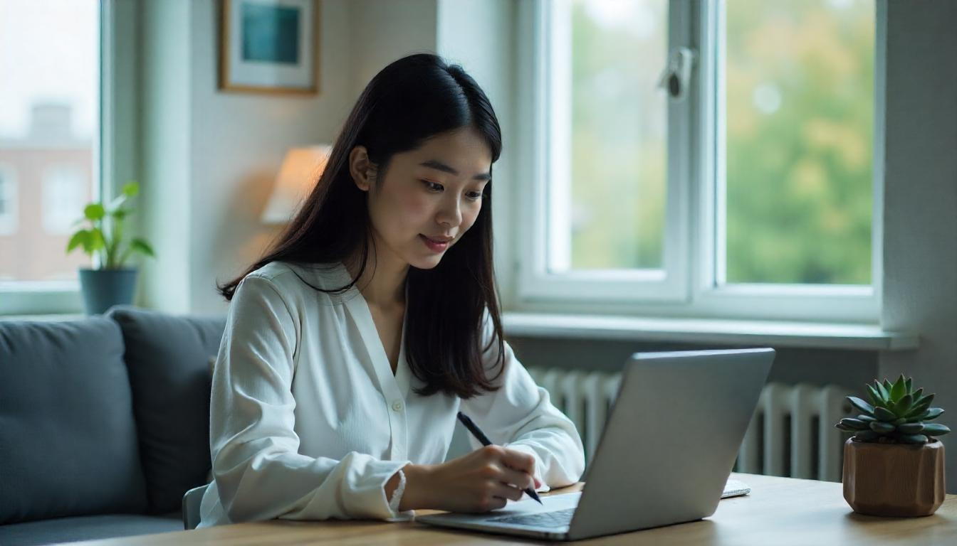 A content writer brainstorming ideas with notes and a laptop.