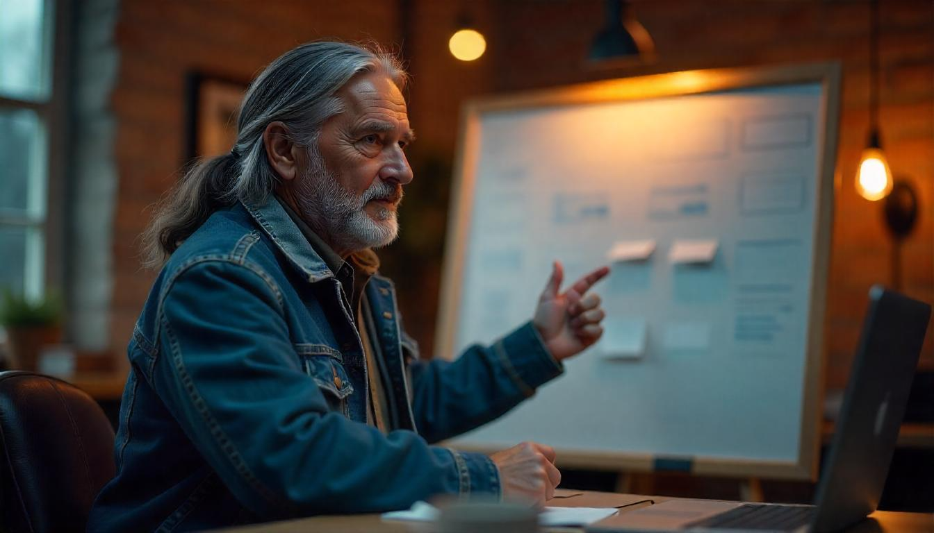 A project manager leading a virtual team meeting with task boards displayed.