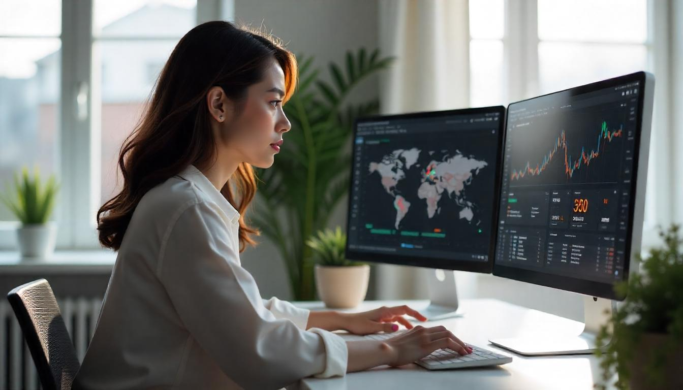 A blockchain developer coding smart contracts with blockchain diagrams.