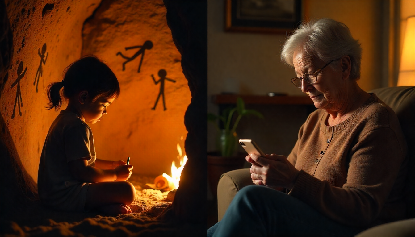 A split-screen image-on one side, a child drawing on a cave wall with firelight flickering; on the other, a person scrolling through a smartphone with a powerful story-driven ad playing.