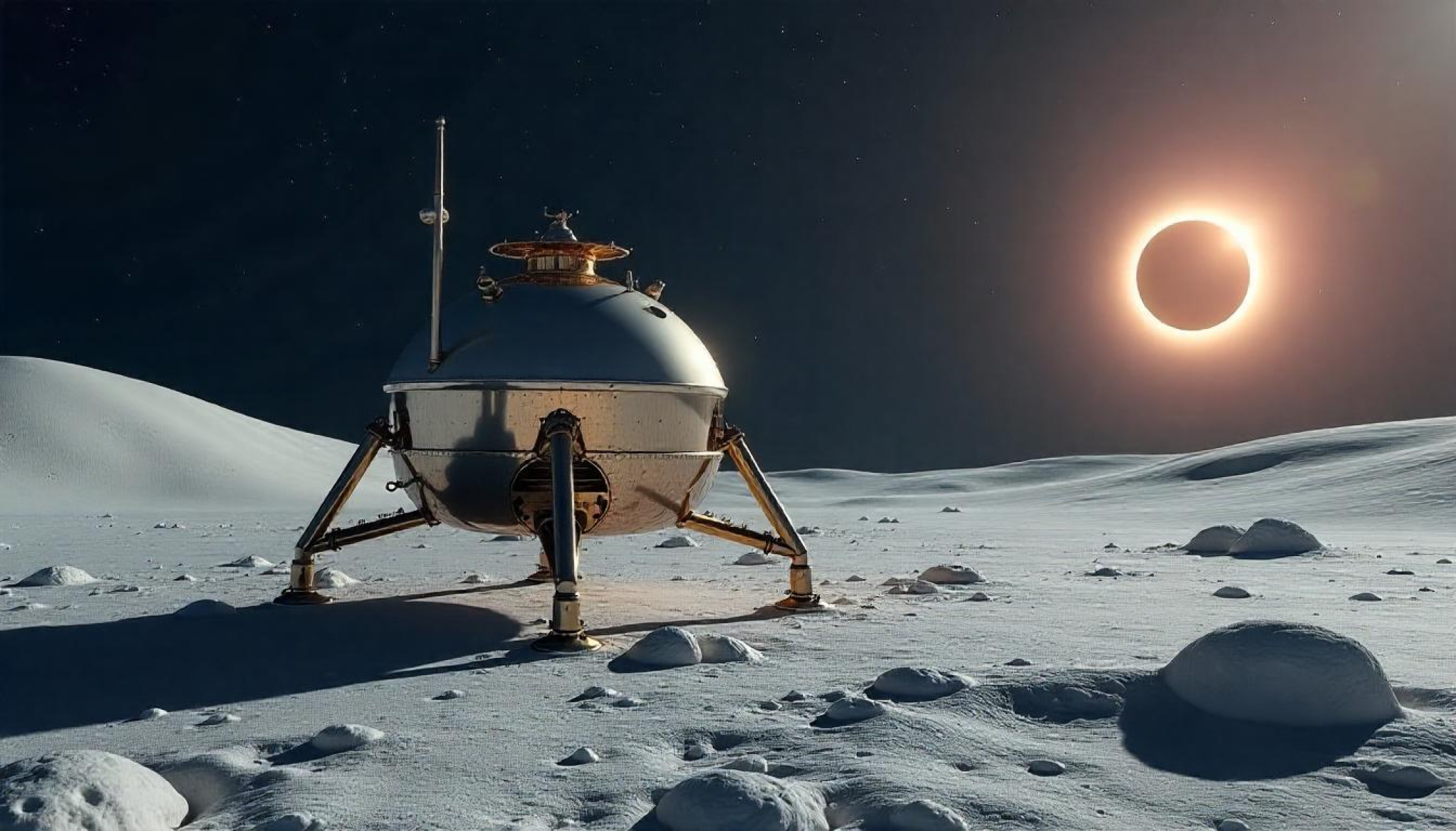 A sleek, silver lunar lander with extended legs, sitting on the Moon's surface under a starry sky, with Earth visible in the background.