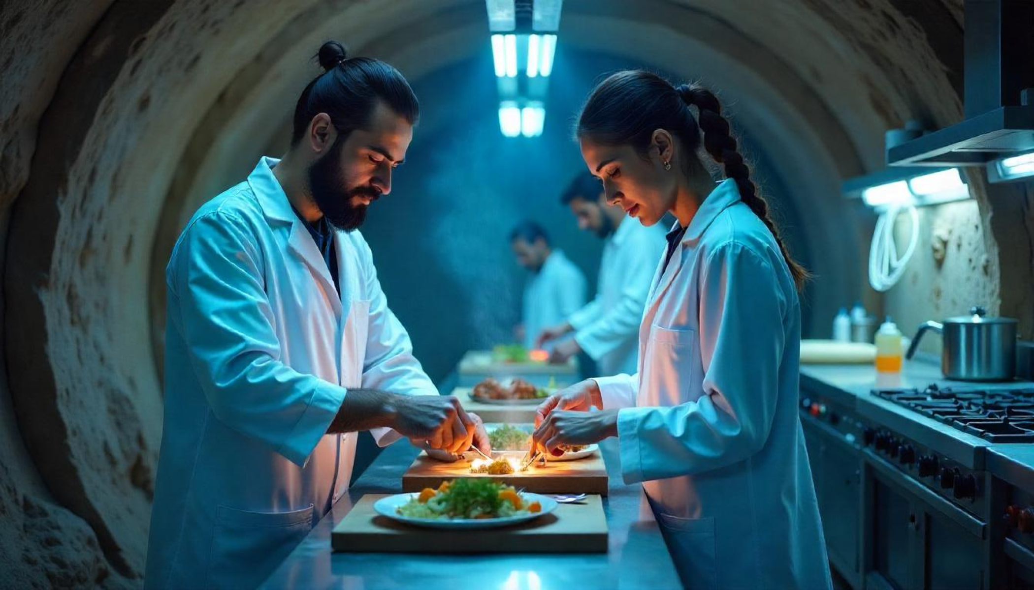 A futuristic kitchen with scientists in lab coats preparing meals, surrounded by space-themed equipment.