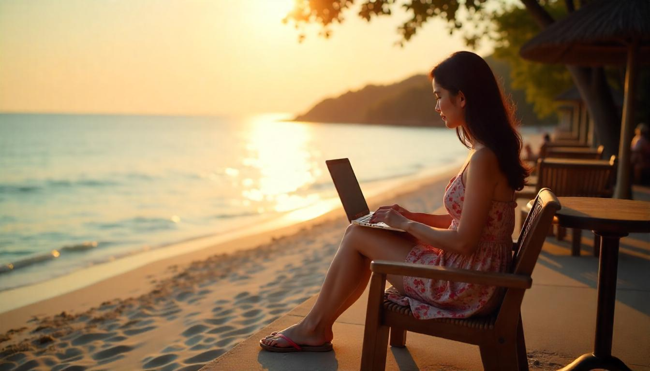 A digital nomad working on a laptop at a beachside café, with a scenic ocean view in the background.