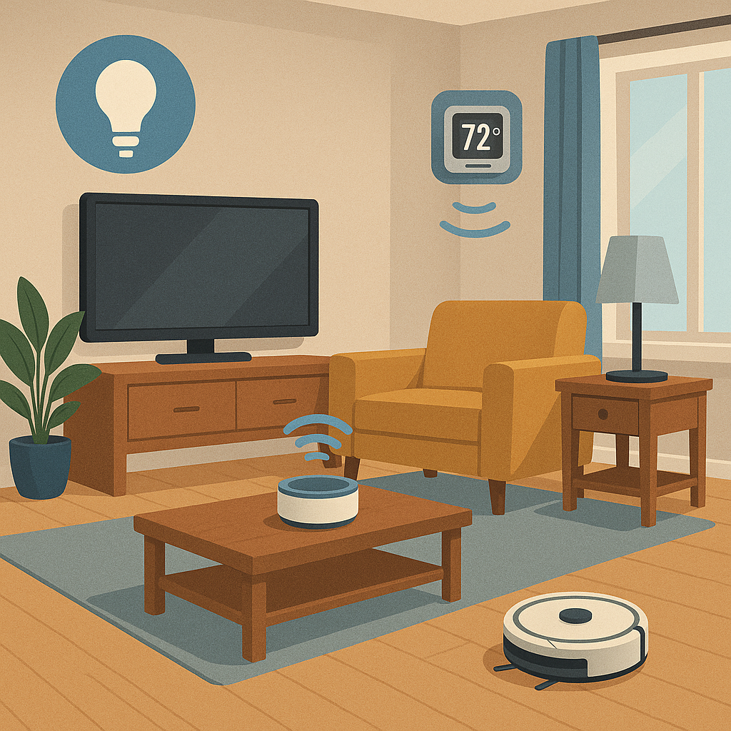 A modern living room with smart devices like voice-controlled lights, a smart thermostat, and a robot vacuum cleaner in action