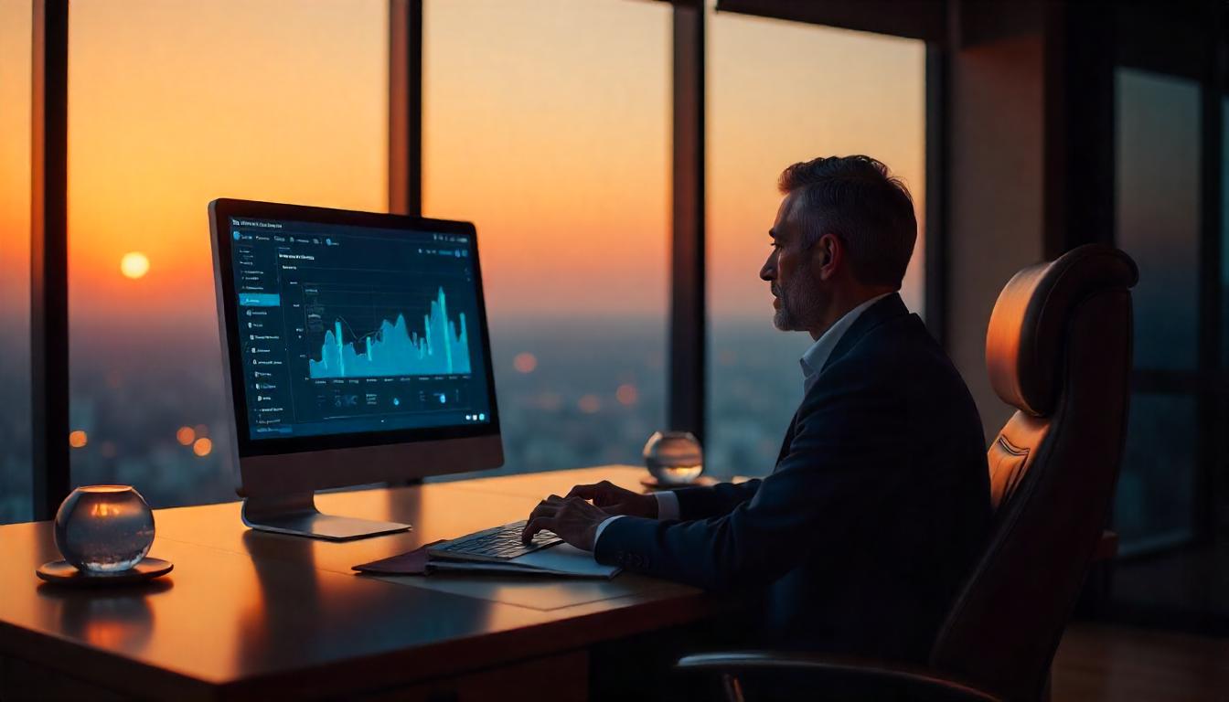 An office desk with a computer screen displaying an AI-powered productivity dashboard.