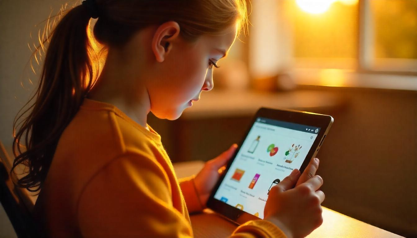 A student using a tablet with an AI-driven educational app, displaying personalized learning modules.