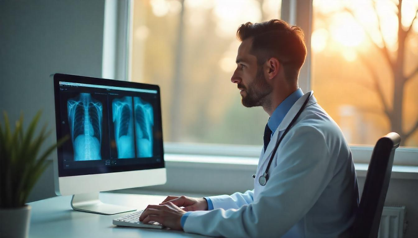 A doctor reviewing AI-analyzed medical images on a computer screen.
