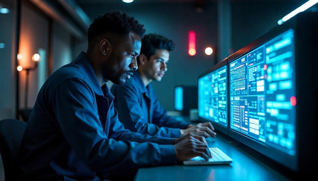 A futuristic laboratory with scientists working on a glowing quantum computer, surrounded by holographic data displays.