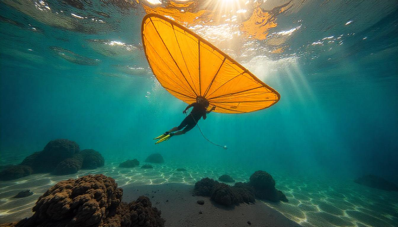 A dynamic underwater scene showing a tidal energy kite system like LUNA 12 gliding through ocean currents, connected to the seabed.