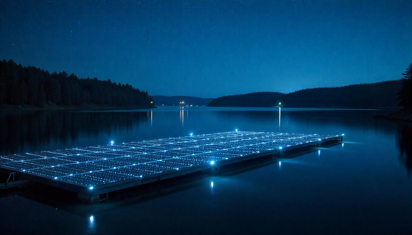 A serene lake covered with rows of floating solar panels, reflecting sunlight and surrounded by lush greenery.