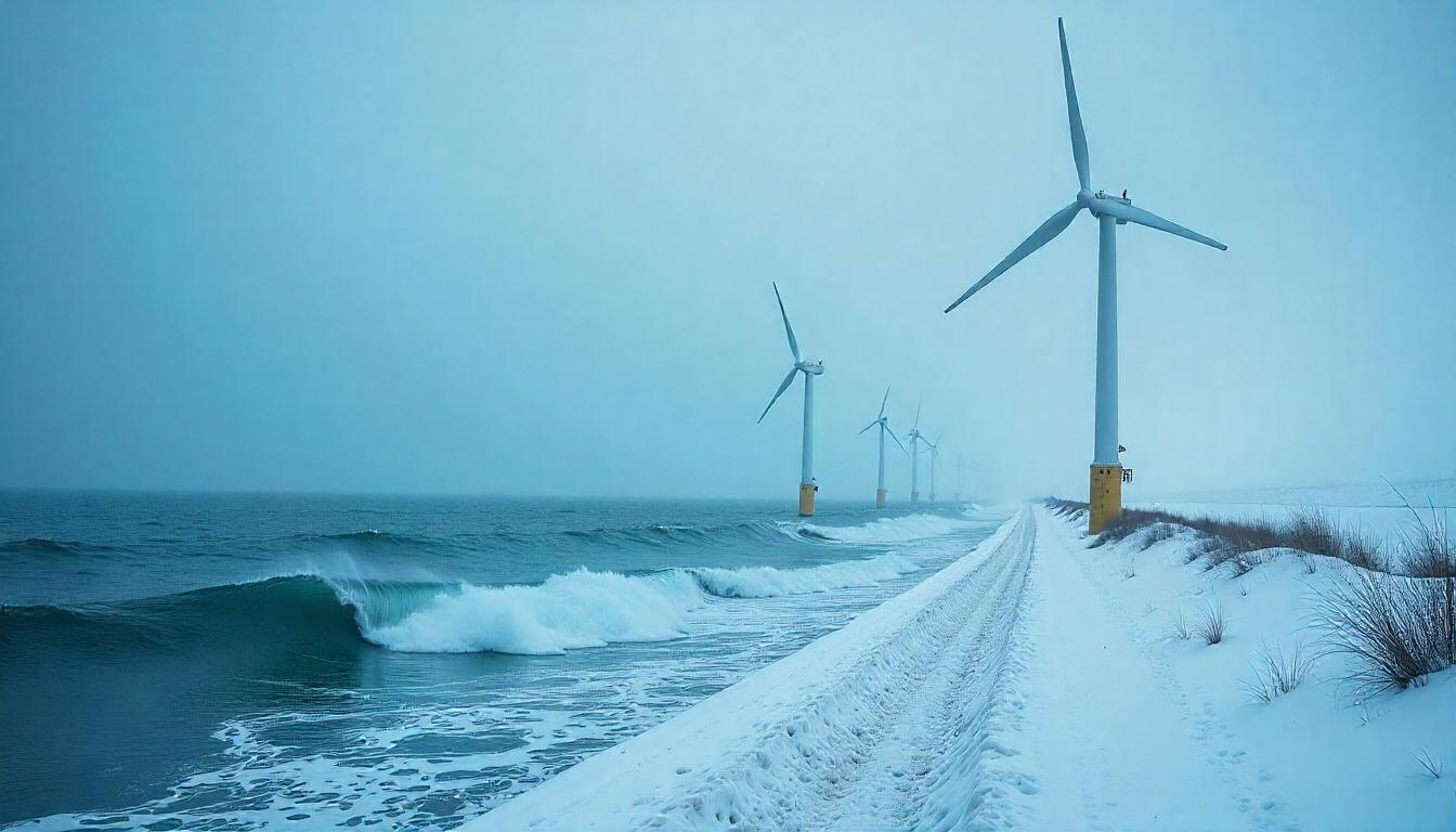 Massive floating wind turbines standing tall in the open sea, with waves crashing below and birds soaring above.