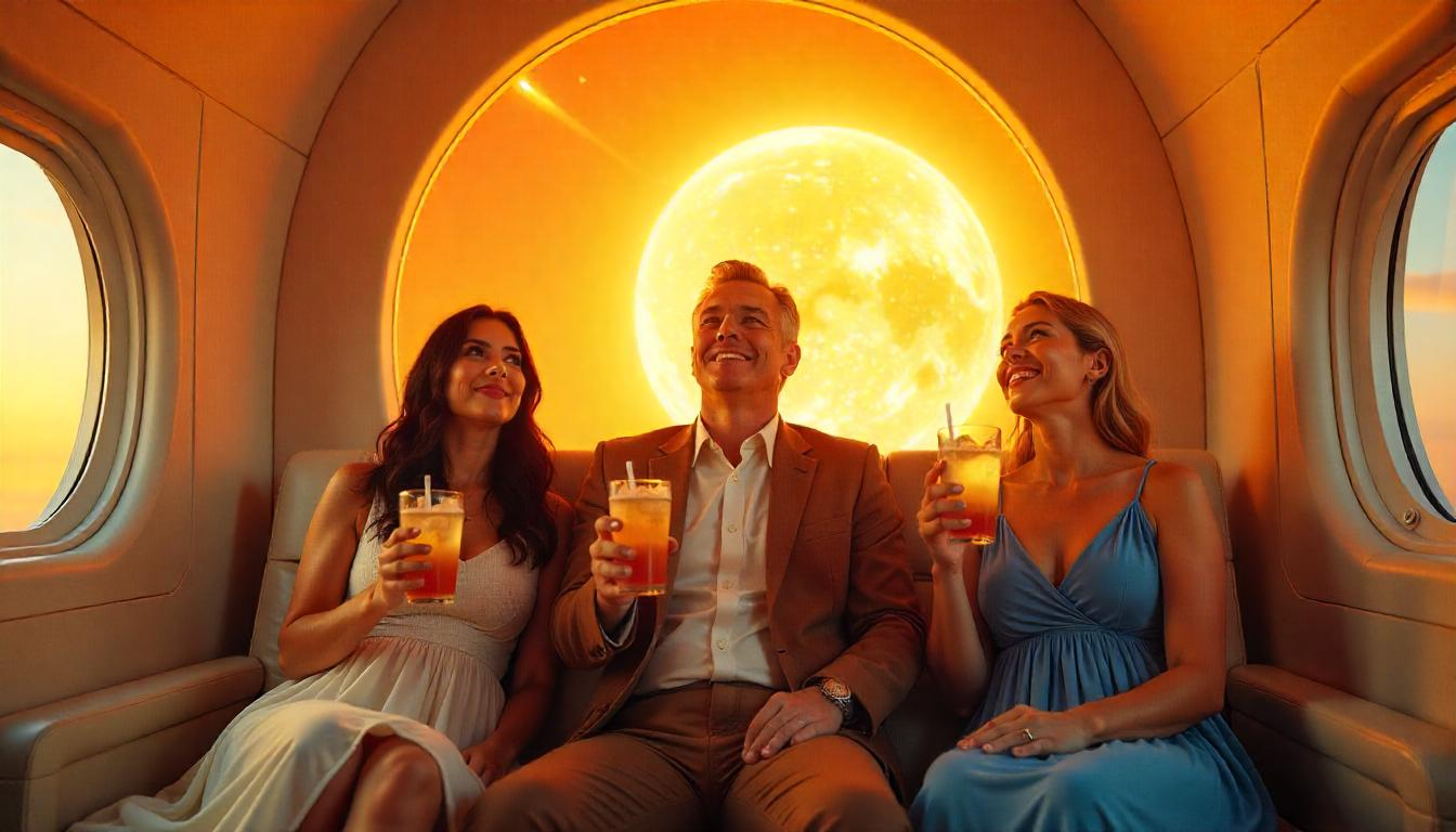 A luxurious space capsule with passengers enjoying panoramic views of Earth, sipping drinks in a comfortable lounge setting.